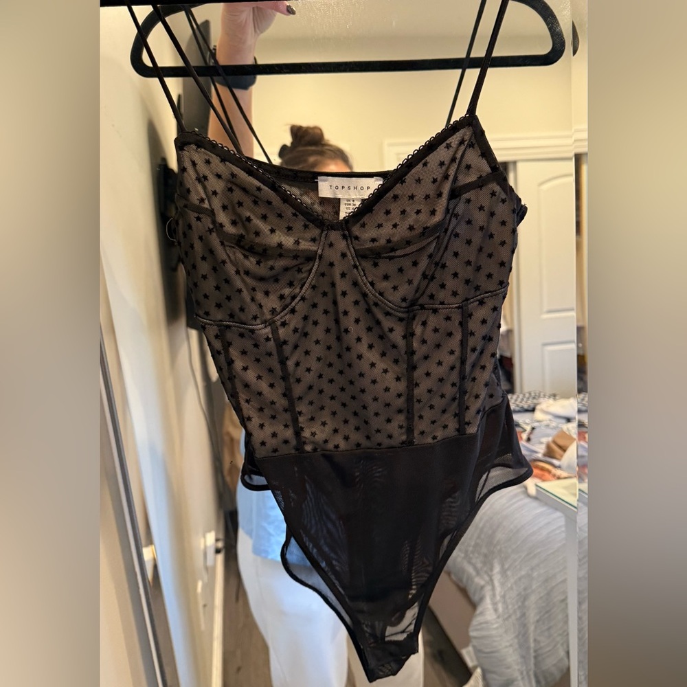 Topshop Black Mesh Bodysuit with Star Design